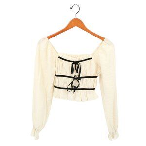 New Thirty/Thirty Ivory Black Velvet Ribbon Trim Milkmaid Crop Top XS